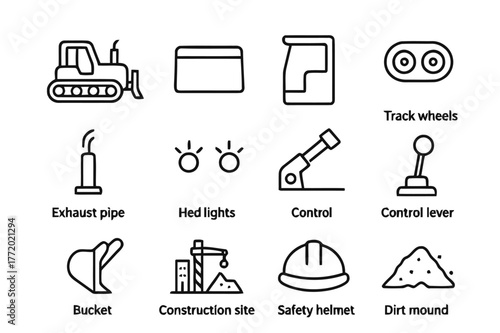 Bulldozer Icon Set. Bulldozer. Line icon set of bulldozer: bulldozer side view, front blade, driver cab, track wheels, exhaust pipe, headlights, hydraulic