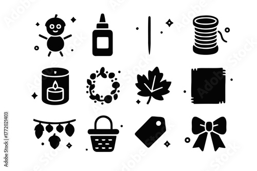 Chestnut Crafts Icons. Chestnut Crafts and Decor. Solid icons set of Chestnut Crafts and Decor: chestnut figure, glue bottle, toothpick, string, candle jar,