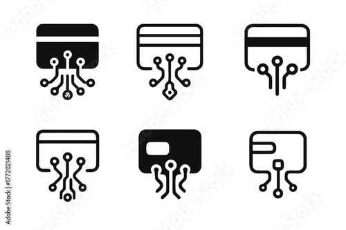 Fintech Logo Concepts. Fintech innovation. Set Logo of Fintech innovation: credit card fused with microchip. harmonious logo variations of the same emblematic