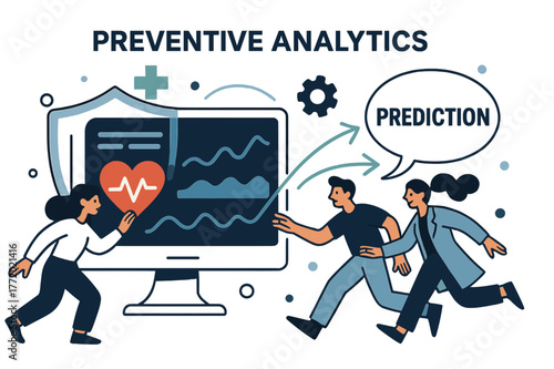 Preventive Healthcare Tech. Healthcare Tech ? Preventive Analytics. A screen displays smooth graphs and heart rate trends; arrows flow forward to ?prediction?