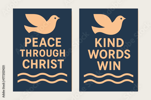 Peaceful Geometric Banners. Peace of Christ. Two vertical A6 banners with safe margins, centered composition, no elements touching edges, geometric, indigo and