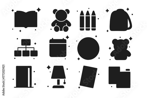 Grief Support Icons. Supporting children through grief. Solid icons set of Supporting children through grief: storybook, stuffed animal, crayons, drawing