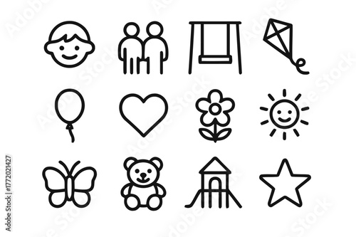 Happy Childhood Icons. Happy childhood. Line icon set of happy childhood: child, family, swing, kite, balloon, heart, flower, sun, butterfly, teddy bear,