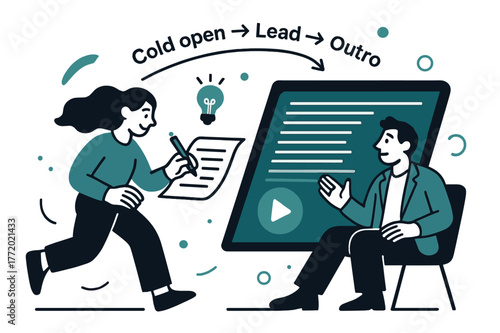 Scriptwriting Animation Elements. Scriptwriting & teleprompter. Lines of text march smoothly as a pen icon turns into a play button; ?Cold open > Lead > Outro?