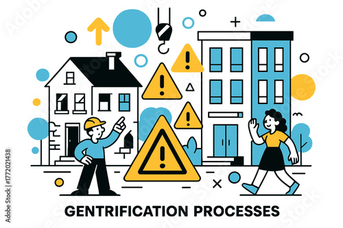 Urban Evolution Illustrated. financial recovery. Colorful Hand-drawn doodle Children illustration financial recovery office building, "For Sale" sign, auction