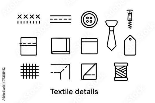 Textile Icon Collection. Textile details. Line icon set of textile details: stitch pattern, seam, button, zipper, tie, hem, label, tag, weave texture, fold,
