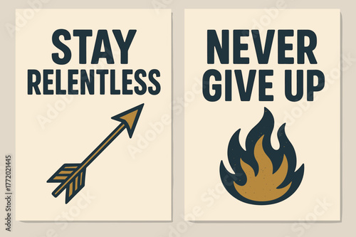 Stay Relentless Banners. Stay relentless. Two vertical A6 banners with safe margins, centered composition, no elements touching edges, bold, navy and gold,