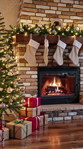 cozy christmas fireplace scene with gifts, stockings, and warm lighting | christmas, holiday, home decor, winter, fireplace theme