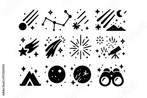 Meteor Shower Icons. Meteor showers. Solid icons set of Meteor showers: streaking meteors, constellation, night sky, shooting star, radiant point, telescope,
