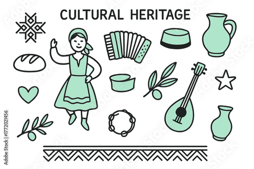 Cultural Heritage Doodles. // Cultural heritage. Hand-drawn doodle illustration Cultural heritage [folk dancer (accented), accordion (accented), traditional