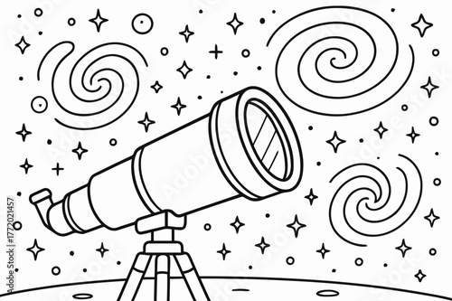 Space Telescope Adventure. Deep space observation scene children?s coloring book illustration, outlined drawing, a space telescope zooming into distant