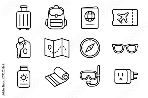 Travel Icons Display. travel accessories display. Line icon set of travel accessories display: suitcase, backpack, passport, plane ticket, hotel key, map,