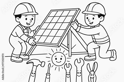 Solar Panel Installation. Installing solar panels safely children?s coloring book illustration, outlined drawing, two workers wearing helmets securing a panel