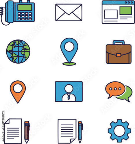 A vibrant set of twelve flat design contact and business icons, featuring a telephone, envelope, web browser, globe, location pins, briefcase, contact person, chat bubbles, documents with pens, and a 