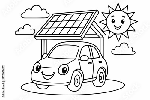 Sunny Solar Carport. Solar carport children?s coloring book illustration, outlined drawing, a cheerful car parked under a solar roof while the sun shines