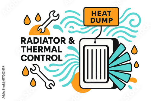 Radiator Control Design. Radiator & Thermal Control. Panel fins bloom like fans as cool lines swirl outward; a tag pings ?heat dump?. Wrenches and droplets