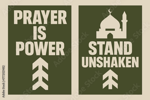 Fortress of Prayer Banners. Fortress of Prayer. Two vertical A6 banners with safe margins, centered composition, no elements touching edges, brutalist, olive