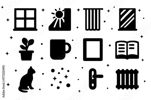 Window Light Icons. Window Light. Solid icons set of Window Light: window frame, sunbeam, sheer curtain, shadow stripes, windowsill plant, coffee mug, picture