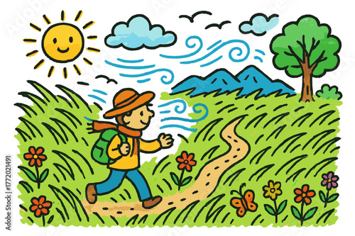 Windy Grassland Adventure. windy grassland. Colorful Hand-drawn doodle Children illustration windy grassland person, tall grass, wind, mountain, clouds, sun,