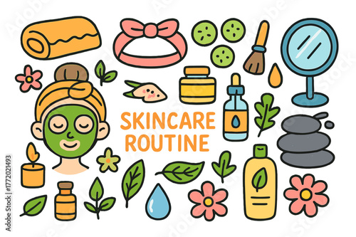 Playful Skincare Doodles. skincare routine. Colorful Hand-drawn doodle Children illustration skincare routine face mask, cucumber slices, headband, towel,