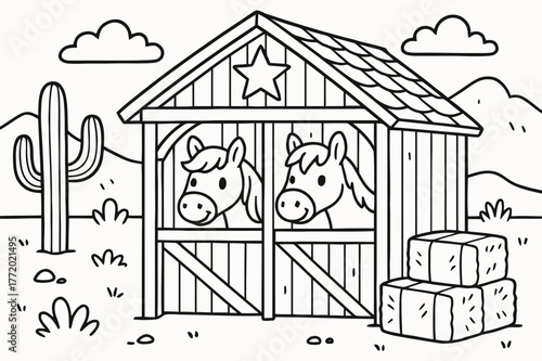 Friendly Horse Stable. Horse stable in the West children?s coloring book illustration, outlined drawing, small stable with friendly horses and hay bales,