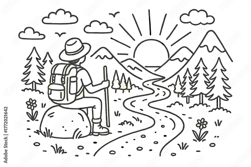 Obraz premium Solo Traveler at Sunset. Solo Traveler Sunset. Hand-drawn doodle illustration Solo Traveler Sunset person sitting on rock, sunset, mountains, clouds, river,
