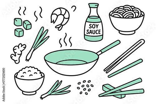 Asian Cuisine Doodles. // Asian cuisine. Hand-drawn doodle illustration Asian cuisine [wok pan (accented), chopsticks (accented), rice bowl, soy sauce bottle