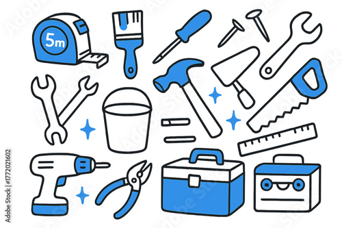 DIY Tools Doodle. // Home improvement tools. Hand-drawn doodle illustration Home improvement tools [tape measure (accented), paintbrush (accented),