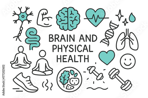 Mind-Body Connection. The relationship between the brain and physical health. Hand-drawn doodle illustration the relationship between the brain and physical