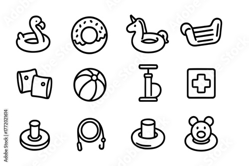 Inflatable Pool Toy Icons. Inflatable Pool Toys. Line icon set of Inflatable Pool Toys: flamingo float, donut float, unicorn float, inflatable lounger, arm