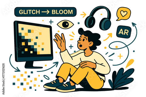 Glitch Bloom Enthrallment. Digital & new media. A screen spills pixels into the room like confetti; ?Glitch > Bloom? pulses on a HUD bar. Headphones and AR