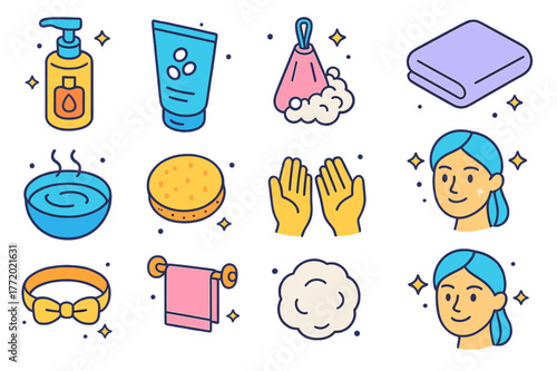 Face Cleansing Icons. Face cleansing essentials. Colorful isometric vector icons set of Face cleansing essentials: cleansing oil, gel cleanser, foaming net,