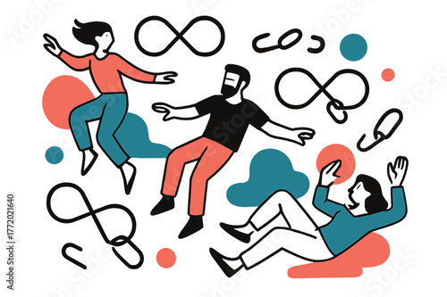 Floating Geometric Figures. Chains of Dusk. Figures float, gently pulled by thin geometric chains that loop into infinity. Broken links hover nearby, just out