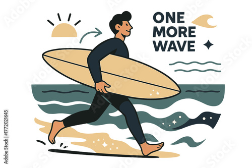 Surfer's Last Light. Surfer at last light. A board tucks under one arm as the tide drags glitter; ?One more wave? floats above the foam. Distant breakers