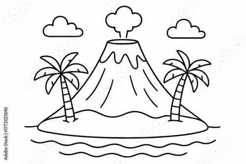 Volcano Coloring Page. Island volcano children?s coloring book illustration, outlined drawing, a peaceful cone-shaped volcano on a tiny island with palm trees