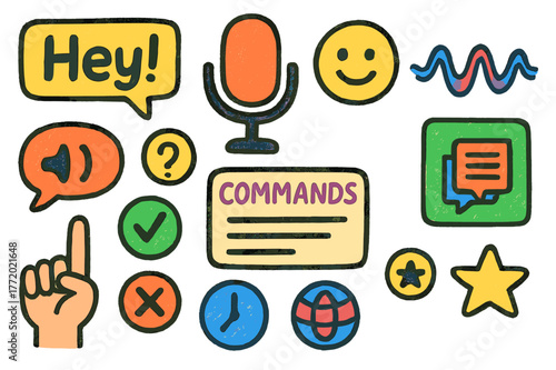 Colorful Voice Commands. Voice command prompts. Colorful Hand-drawn doodle Children illustration Voice command prompts wake word card, mic button, voice
