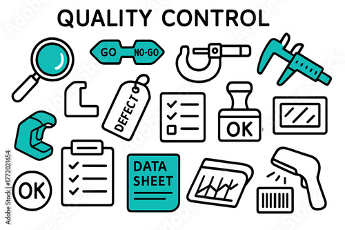Quality Control Icons. // Quality control. Hand-drawn doodle illustration Quality control [magnifier (accented), go/no-go gauge (accented), micrometer, caliper