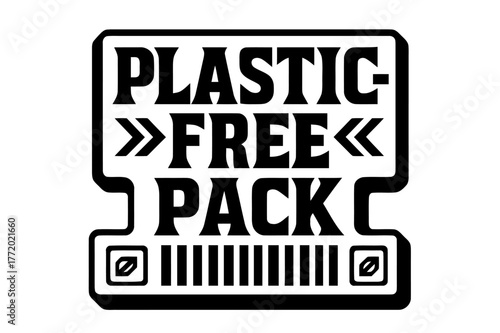 Plastic-Free Pack Design. Plastic-Free Pack ? bold block geometric lettering; thick uppercase with geometric serifs, heavy outer outline, strong cast shadow;