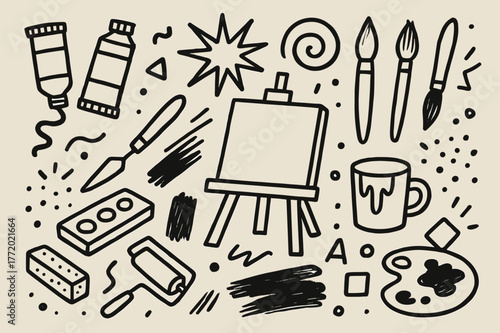 Acrylic Painting Elements. Acrylic painting. Hand-drawn doodle illustration acrylic painting paint tubes, brushes, canvas, palette knife, easel, strokes, cup,