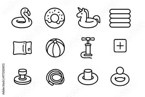 Inflatable Pool Icons. Inflatable Pool Toys. Line icon set of Inflatable Pool Toys: flamingo float, donut float, unicorn float, inflatable lounger, arm