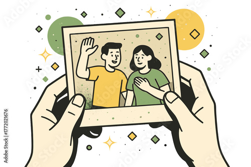 Hands with Dusty Photo. Dusty Photograph. Hands holding an aged, dusty photograph with floating abstract geometric dust particles and soft glowing accents,