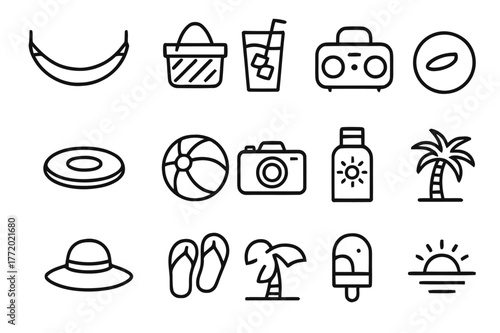 Summer Leisure Icons. Summer Leisure. Line icon set of Summer Leisure: hammock, picnic basket, iced tea glass, portable speaker, frisbee, beach ball, camera,