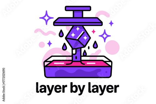 SLA Printing Magic. Resin Lift (SLA). A build plate rises from a glossy vat while a fresh part glimmers; droplets hang in midair with the caption ?layer by