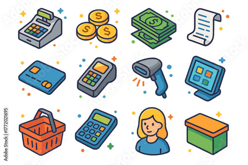 Retail Checkout Icons. Retail checkout. Colorful isometric vector icons set of retail checkout: cash register, coins, dollar bills, receipt, credit card, POS