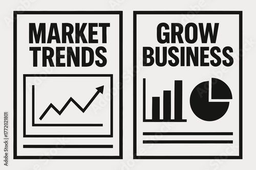 Brutalist Marketing Banners. MARKETING. Two vertical A6 banners with safe margins, centered composition, no elements touching edges, brutalist, black and