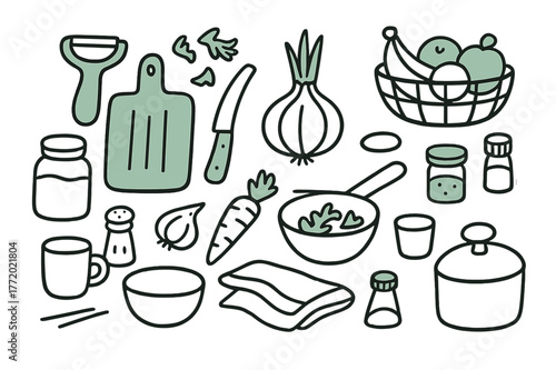 Kitchen Doodle Highlights. // Kitchen counter. Hand-drawn doodle illustration kitchen counter [cutting board (accented), peeler (accented), knife, onion