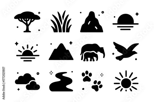 Savanna Icon Collection. Savanna Landscape. Solid icons set of Savanna Landscape: acacia tree, tall grass, termite mound, watering hole, sunset, mountain, herd