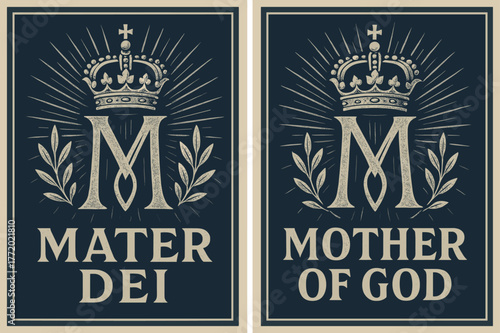 Mater Dei Banners. Mater Dei. Two vertical A6 banners with safe margins, centered composition, no elements touching edges, retro, deep blue and silver, vintage