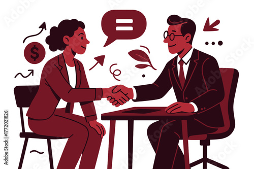 Confident Salary Negotiation. Salary negotiation confidence. A candidate and manager shake hands across a table; speech ribbon shows equal sign ?=?. Calm,