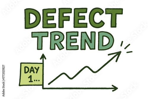 Playful Defect Trend Doodle. Defect Trend ? Doodle / Sketch; playful hand-drawn letters with rough outlines and arrow notes; casual offset stacking; colored